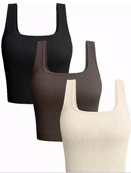 Women Solid Square Neck Ribbed Tank Top Camisole Women Summer Basic Elastic Sleeveless Crop Tops
