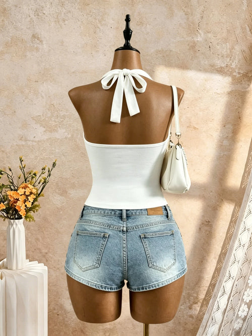Women Halter Deep V Cross Wrap Side Ruched Slim Crop Camisole 2026 Summer Y2K Solid White Sleeveless Casual Daily Tank Top